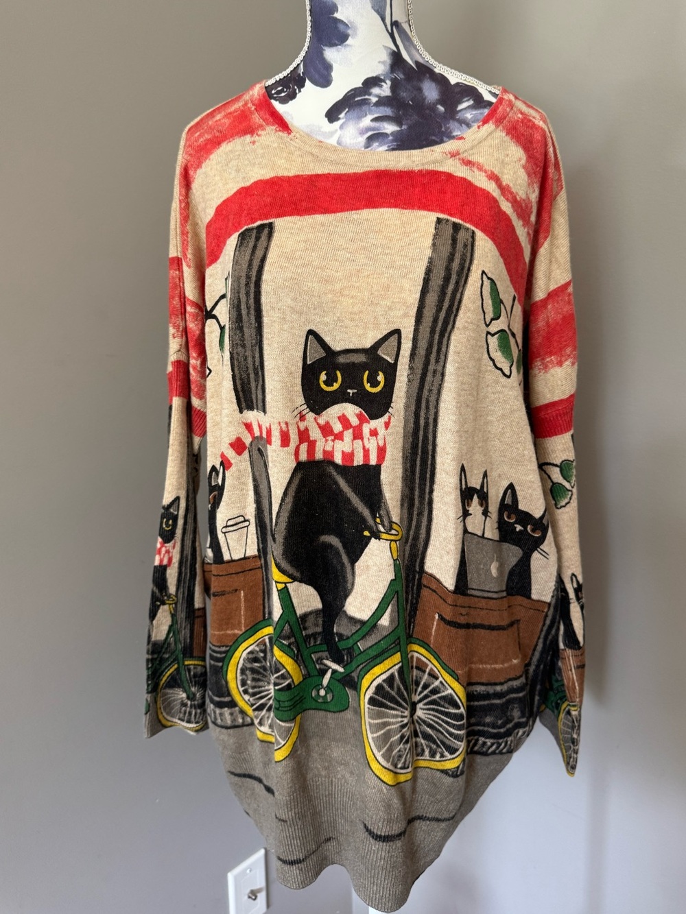 Purplish London Beige Crewneck Sweater With Cat Bold Red Graphic Print Of Cats